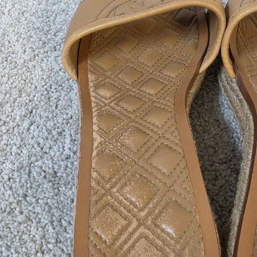 Tory Burch Fleming Espadrille Tan Leather Logo Slides Sandals Womens Size 7.5